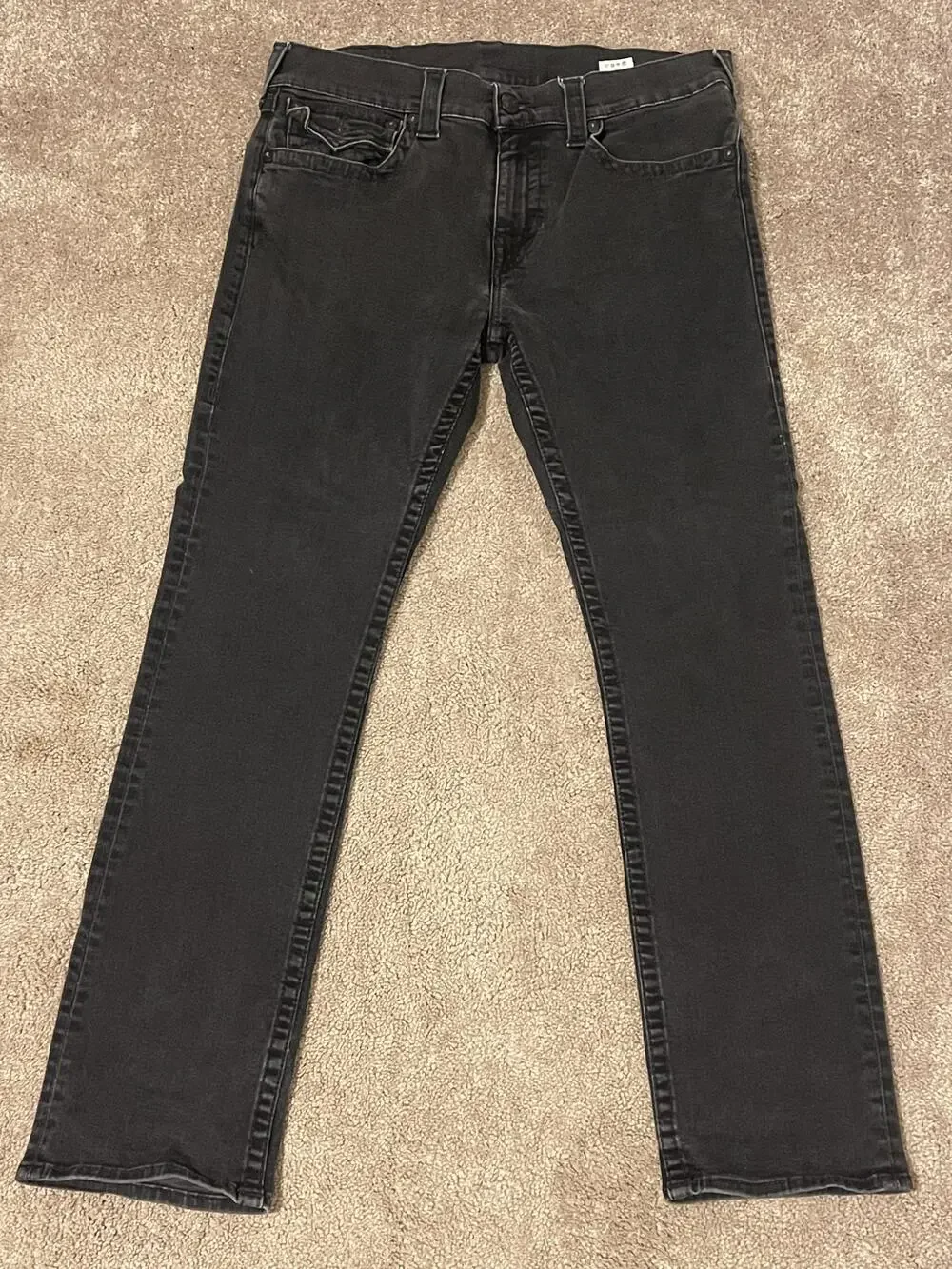 True Religion Jeans Mens 34x32 Black Section Straight Stretch Denim Flap Pockets